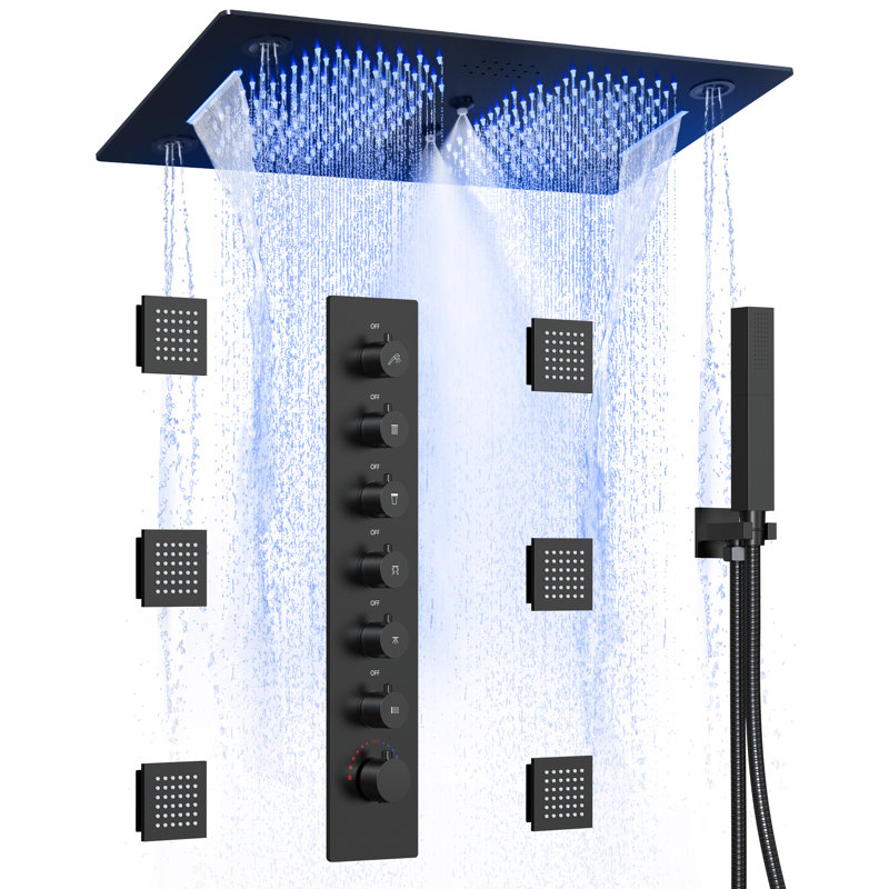Ceiling Mount 28" LED Thermostatic Shower System with 4-Mode Shower Head, 6 Body Jets and Handheld Spray, Matte Black