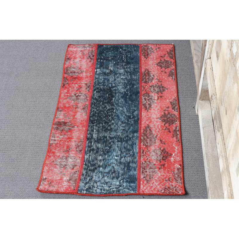 Small Vintage Turkish Oushak Rug in Patchwork Style with Red Overdyed Abstract Design for Entry Aesthetic