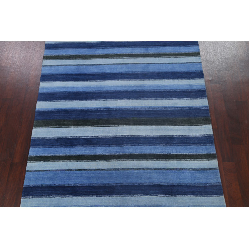 Tapis bleu en laine noué à la main de conception unique 6 pi 8 po x 9 pi 8 po New Age