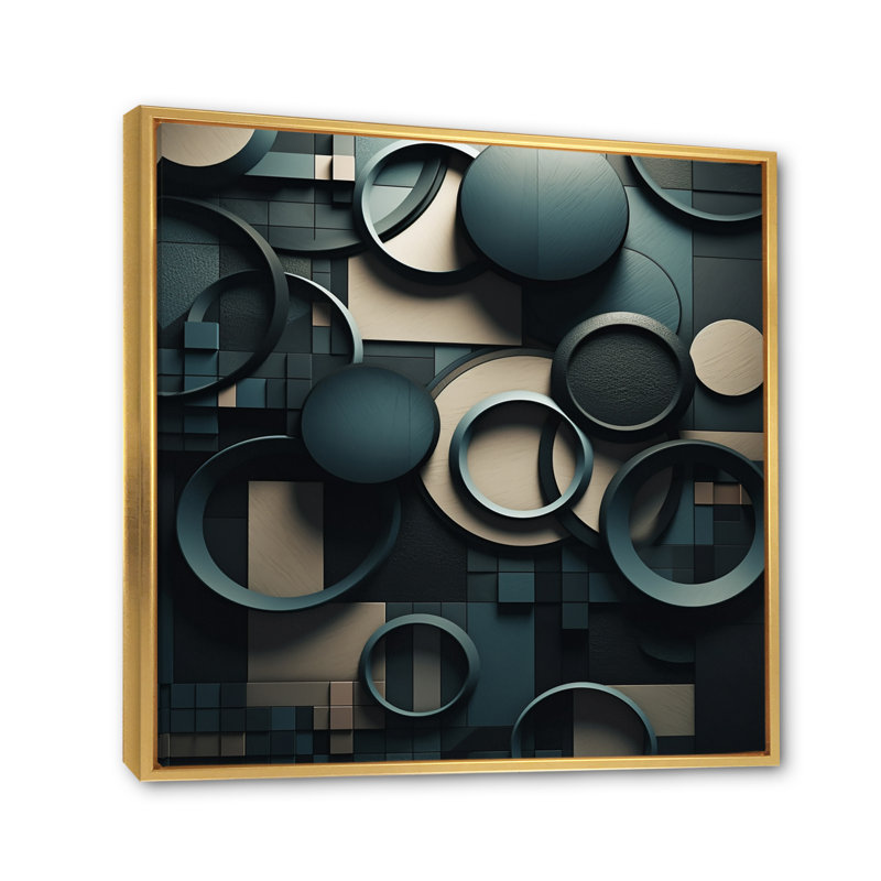 «Teal Fragmented Forms - Cubism», art mural, Cadre flottant doré, H 16 po x l 16 po x P 1 po
