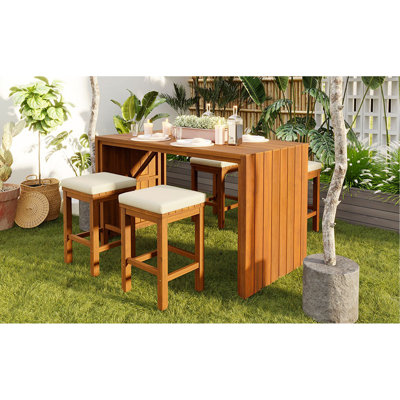 5 Piece Outdoor Bar Set, Patio Acacia Wood Bar Height Table & Four Stools With Cushions, Wood Dining Bar Set For Backyard, Poolside, Balcony, Beige Cushion And Natural Wood