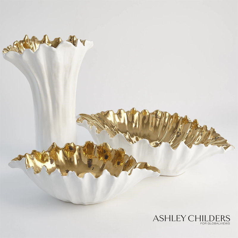Organic Wave Oval Bowl-White-Lg, White/Gold