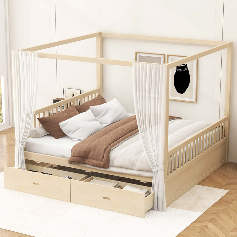 Lit à baldaquin en bois avec tiroirs de rangement intégrés, Naturel