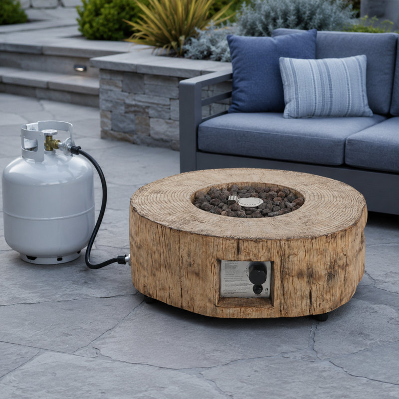 Table ronde pour foyer d'extérieur au propane 30 000 BTU avec finition grain de bois, pierres de lave et housse de protection