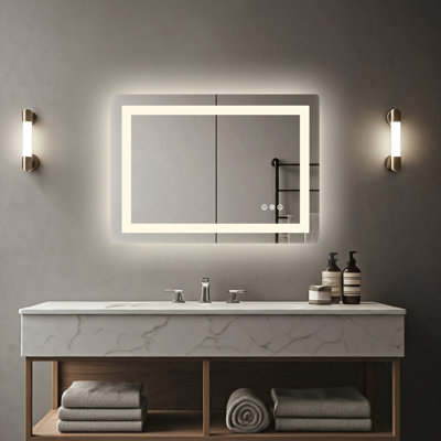 Anti-Fog Dimmable Bathroom LED Vanity Mirror, Rectangular Frontlit＆Backlit Wall Mount Mirror Color Adjustment Shatterproof Tempered Glass