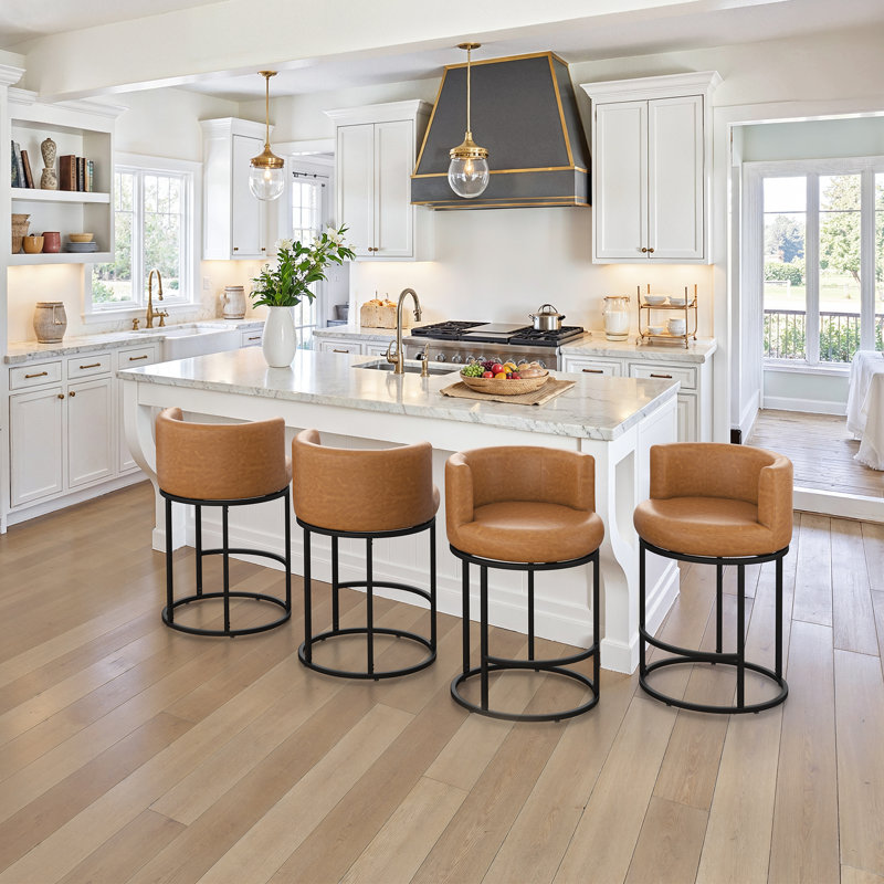 26" Swivel Counter Height Bar Stools With Arms and Footrest, Upholstered Cushion Full-Round Seat, Whiskey Brown