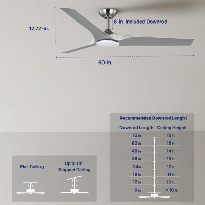 Gossamer 60'' Indoor Ceiling Fan with Light and Remote, Ceiling Fan with LED Light Kit, Modern 3-Blade Design, Quiet 6-Speed DC Motor - Brushed Nickel