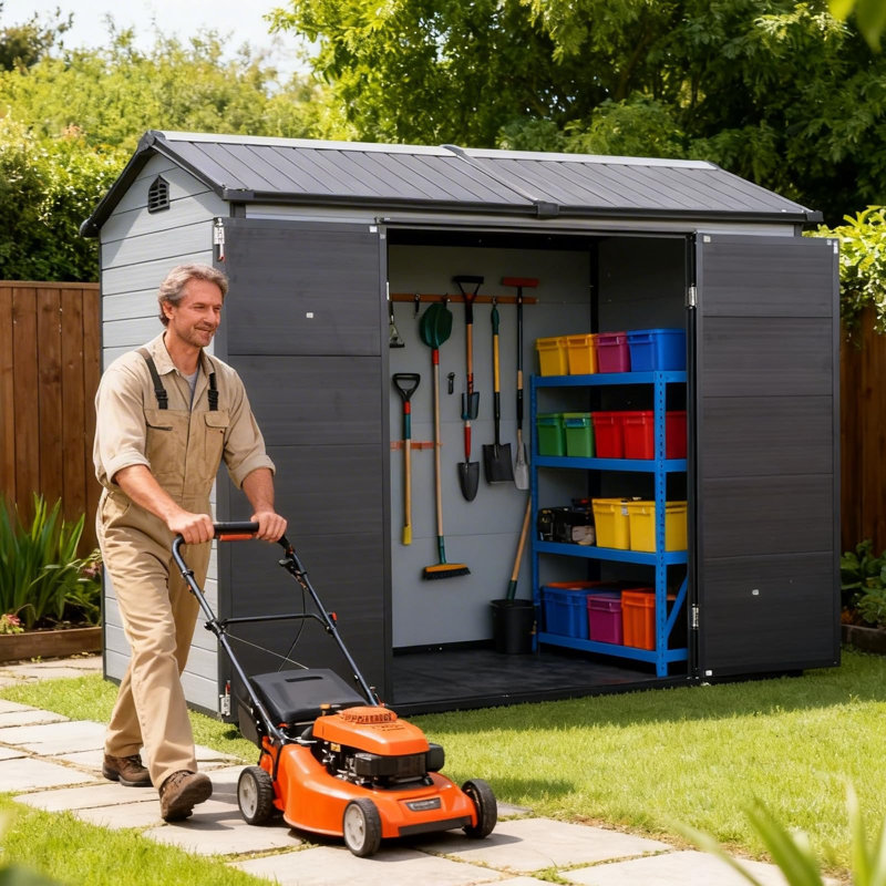 Jaxenor 8x4 FT Resin Storage Sheds Outdoor with Floor Included, Plastic Sheds & Outdoor Storage Clearance with 2 Windows and Lockable Door, Backyard Storage Sheds for Garden Tools, Bike