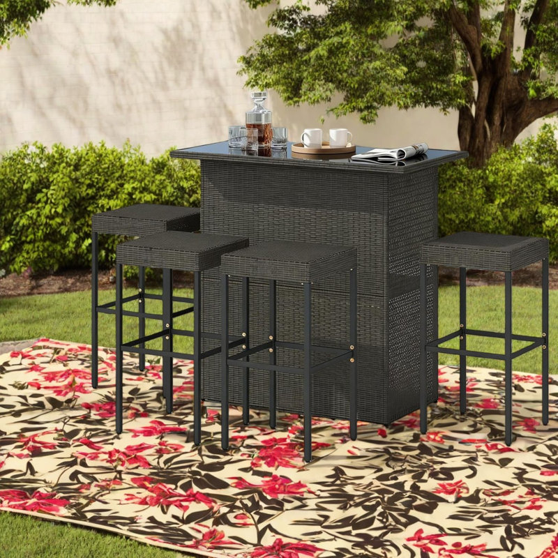 Ensemble de bar de patio durable, rotin brun foncé et métal, parfait pour les réceptions dans la cour