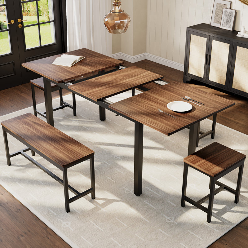 Ensemble de table de salle à manger extensible 5 pièces pour 4 à 8 personnes, table de cuisine 63 po avec 2 bancs et 2 tabourets, mobilier de salle à manger moderne