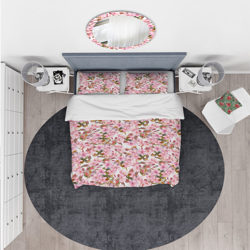 Ensemble de housse de couette designart fleuring, Housse de couette très grand + 2 taies décoratives, Rose / vert