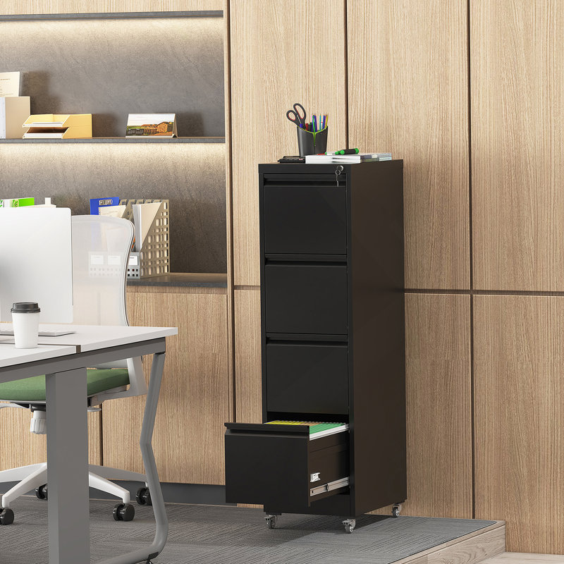 Four Drawer Lockable Metal Vertical File Cabinet On Wheels For Enhanced Organization In Home And Office Environments, Black