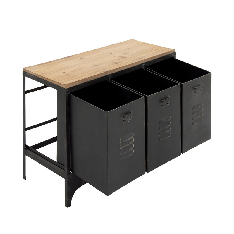 Banc de rangement à profil bas en métal noir avec 3 tiroirs et plateau en bois brun, 39 po x 16 po x 19 po