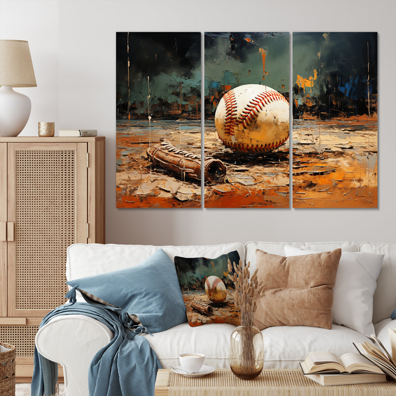 Baseball, collage, gant et balle sur toile, 3 pièces, H 32 po x l 48 po x P 1 po
