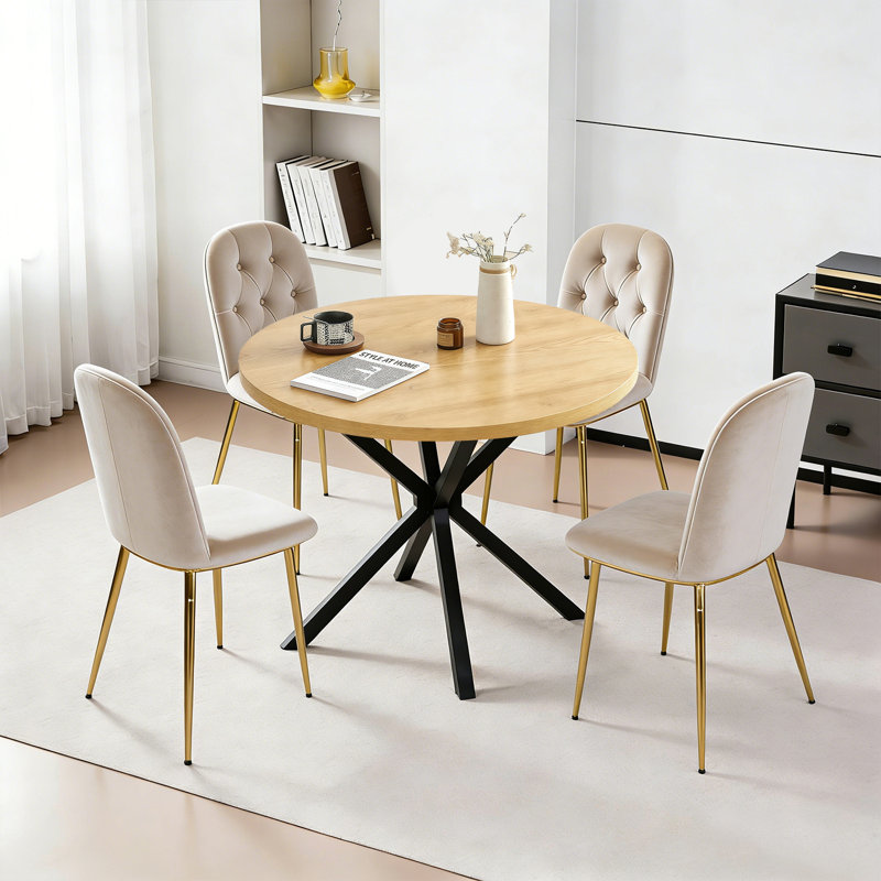 31.5" Round Teak Finish Dining Table with Black X-Shaped Metal Legs, Modern Small Kitchen Table for Dining Room, Apartment & Breakfast Nook