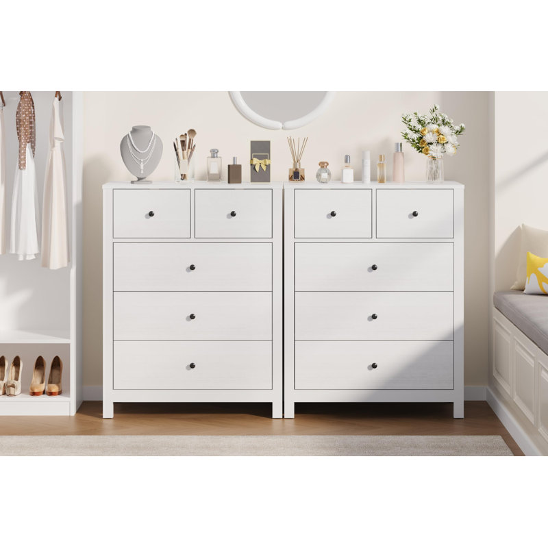 Commode 5 tiroirs spacieuse avec rangement - commode haute moderne pour la chambre à coucher, grands tiroirs en bois, design contemporain robuste, sécurité anti-basculement, surface supérieure large - blanc