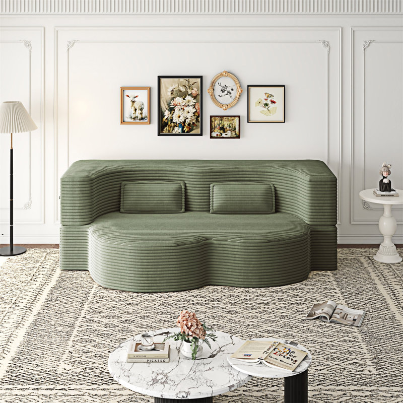 Canapé convertible avec coussins, Velours côtelé vert