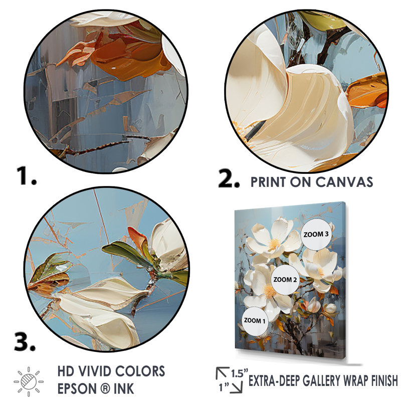 «Pearl White Magnolias Bloom In Sunlit Garden II», reproduction sur toile, Cadre photo blanc, H 40 po x l 30 po
