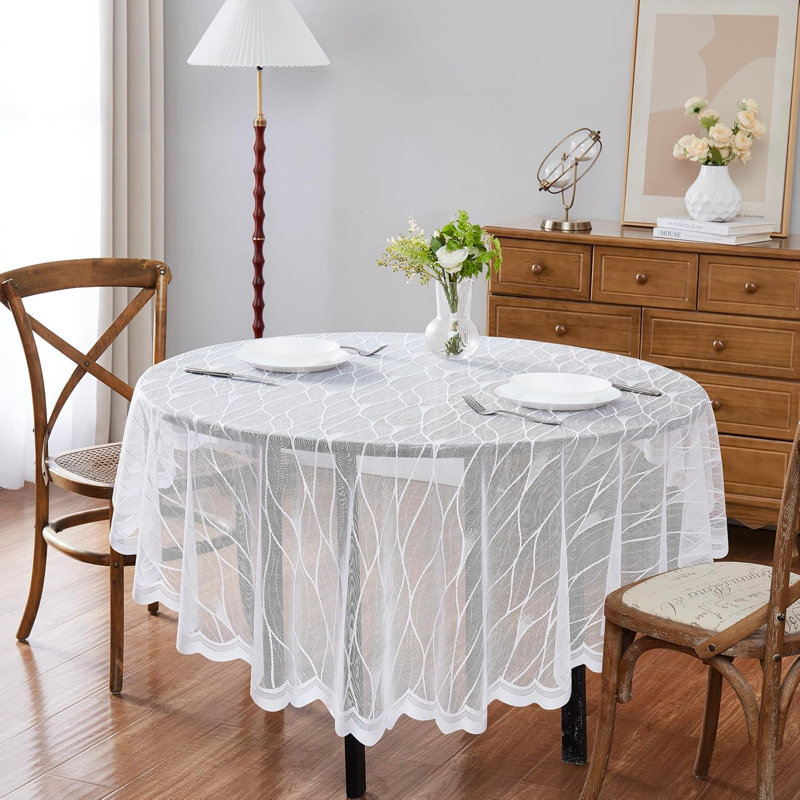 Lace Modern Round Tablecloth With Geometric Moroccan Design in 2 Colors, 90" Around, White