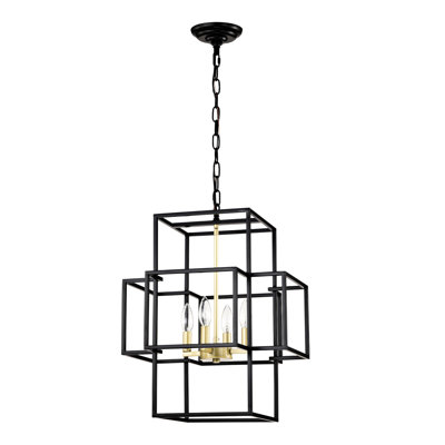 4- Lanterne en métal à niveaux - noir mat et or, luminaire suspendu moderne pour bureau, salle de conférence, vestibule, vestibule, salon à hauteur réglable