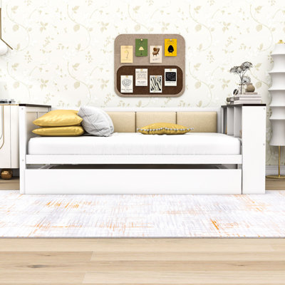 Wood Daybed with Upholstered Backrest, Shelves, Charging Station and Twin Trundle
