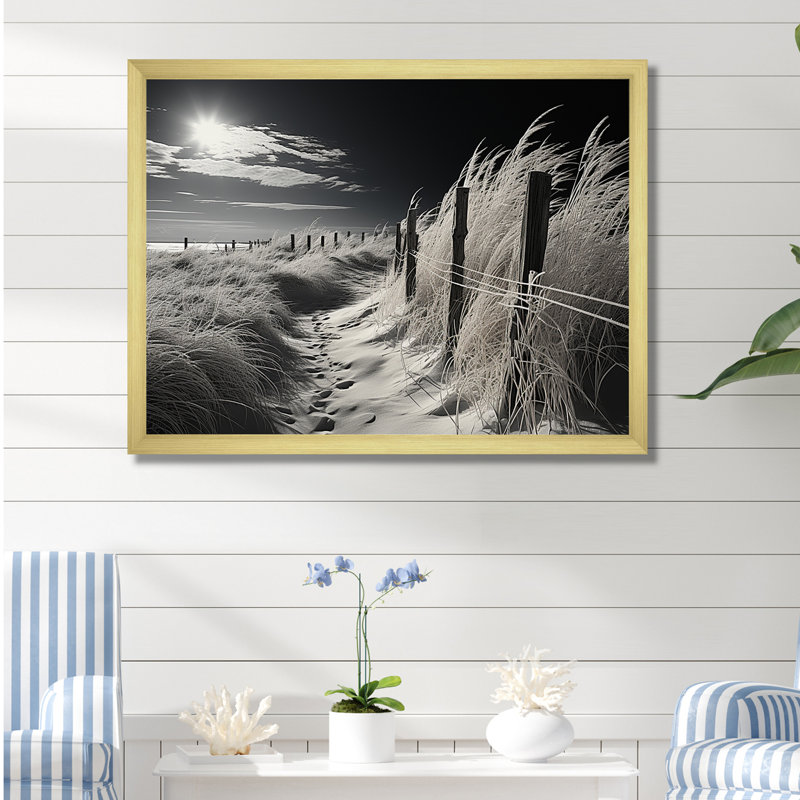 Horizon de plage noir et blanc - art mural grande plage côtière, Cadre doré, H 12 po x l 20 po x P 1 po