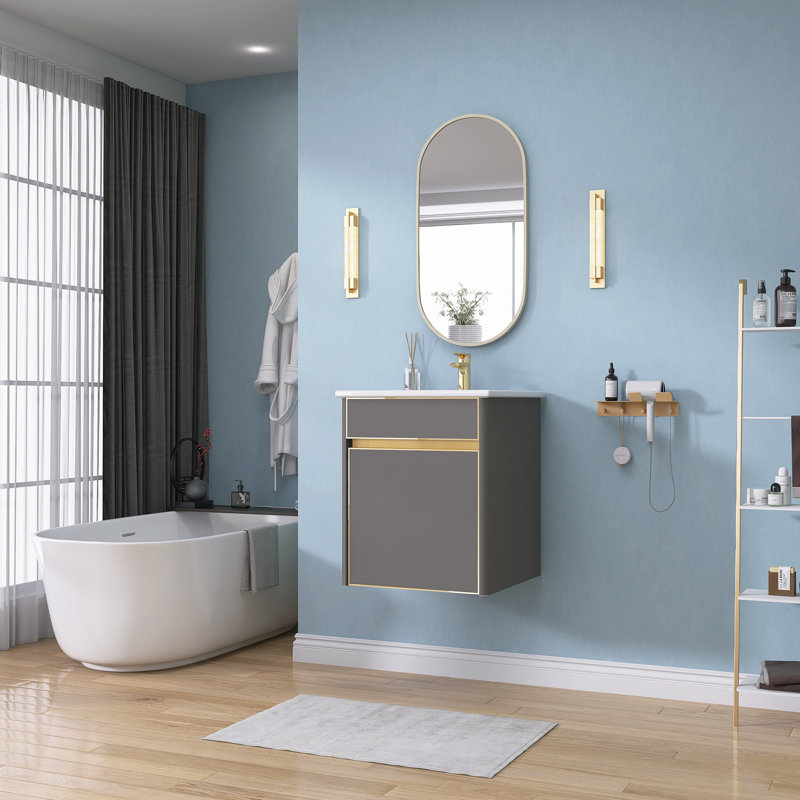 Venere Dark Grey Bathroom Vanity 16'' Floating Wall Mount Solid Surface Vanity Cabinet with Single Basin Vanity Top
