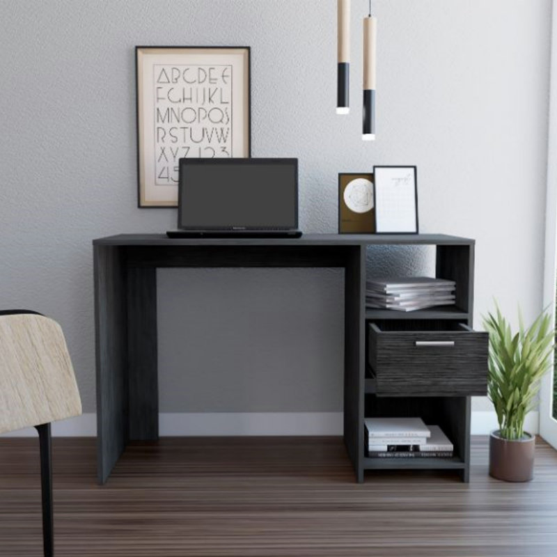 Bureau d'ordinateur avec 1 tiroir et 2 tablettes de rangement ouvertes, Gris