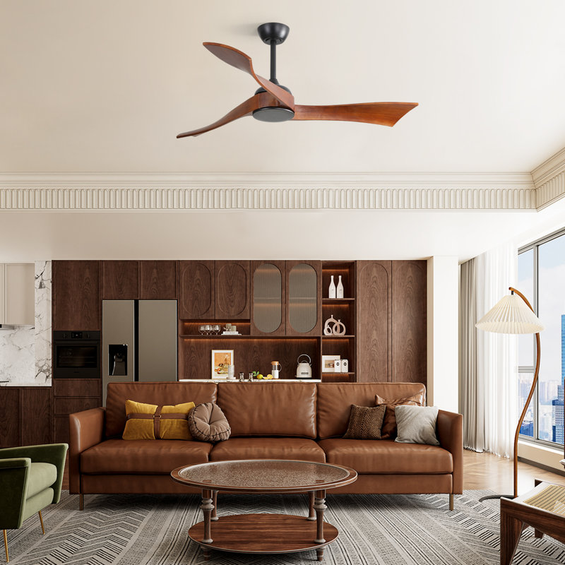 Kemp 52 Inch Modern Propeller Ceiling Fan without Light, Remote Control, 3 Solid Wood Blades, Indoor/Outdoor, Black&Brown