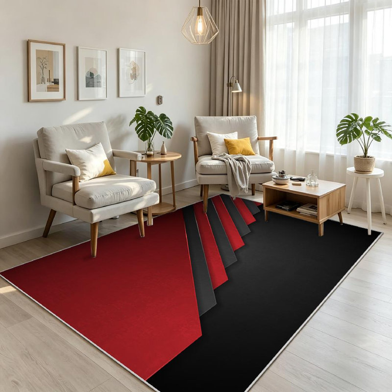 Red Black Stripes Geometric Flyer Elegant Modern Digital Shiny Stripe Machine Washable Indoor Area Rug, Rectangle 71" x 98"