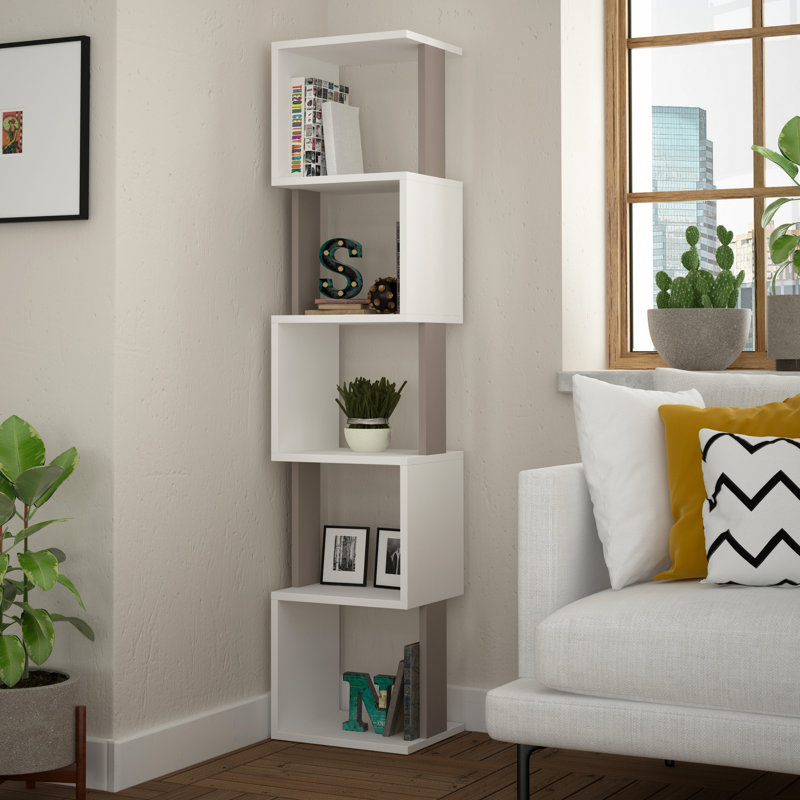 Modern Bookshelf with Wall-Mount Capability, White & Light Mocha, 13.8 x 63.4 x 11.8 inches | 100% Melamine Coated Particle Board, Shelf Capacity: 44 lbs | Stylish Design with Multiple Shelves for Home or Office
