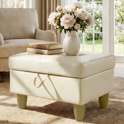 Rectangular Storage Ottoman Bench, Faux Leather Footrest With Hinged Lid, Coffee Table Stool For Living Room, Bedroom, Entryway, White