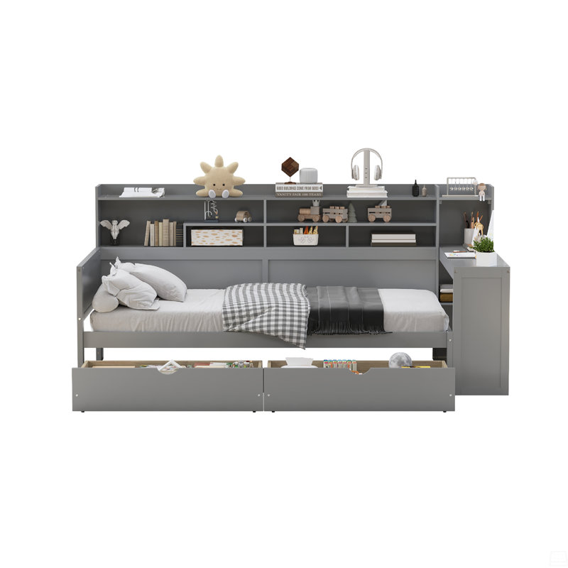 Twin Size Daybed With Storage Shelves, Multi-Functional Bed With Two Storage Drawers, Gray