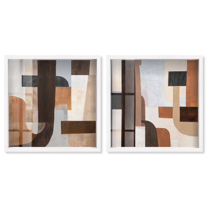 Ensemble de décoration murale « Geometric Harmony » avec cadre-vitrine, couleur beige, par Art Remedy, cadre noir, 12 x 12