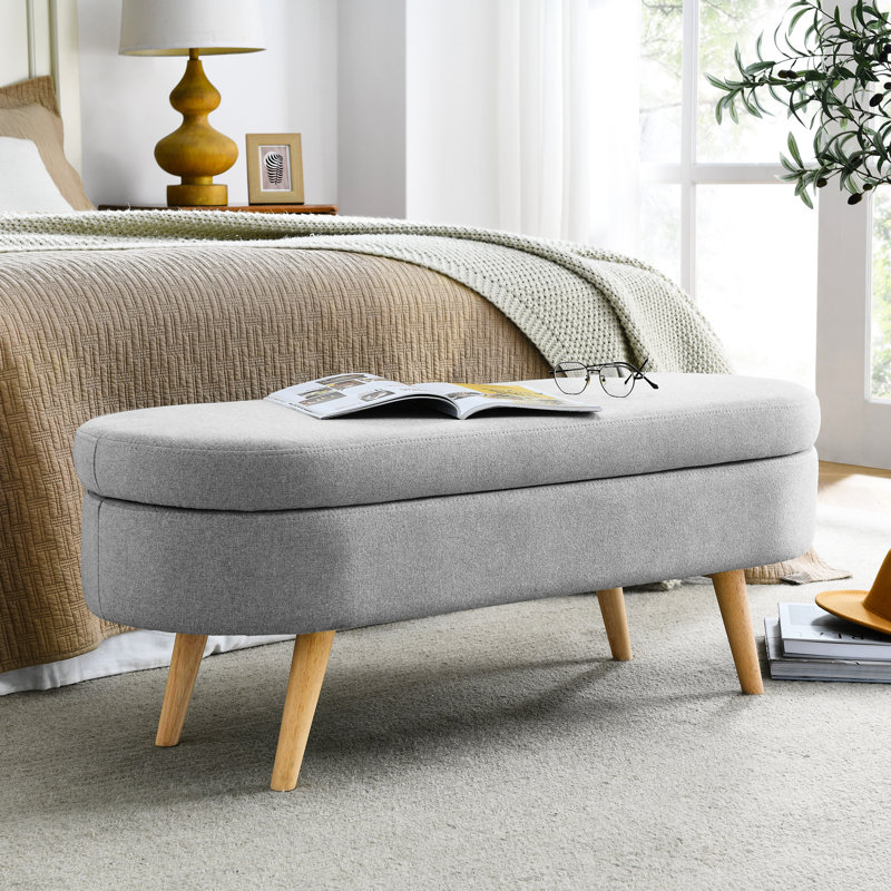 Banc de rangement gris, 43,5 po x 16 po x 16 po, avec des pieds en bois d'hévéa précis - tabouret de pieds et banc ovale gris