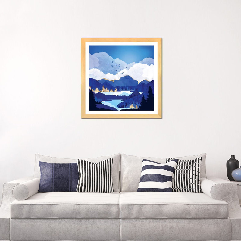 «Blue Lake», reproduction d'impression, H 24 po x l 24 po x p 1 po, Blanc, Toile avec cadre en bois beige