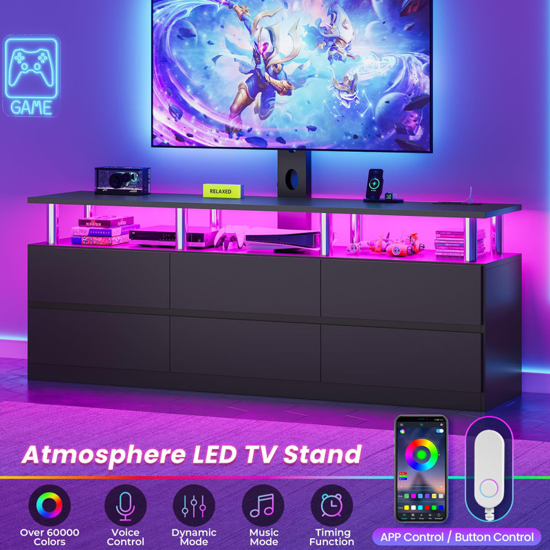 Meuble télé moderne avec support et prise de courant, avec 6 tiroirs, support pour téléviseur 32/45/55/60/65/70/75 pouces, centre de divertissement pour le salon, chambre à coucher