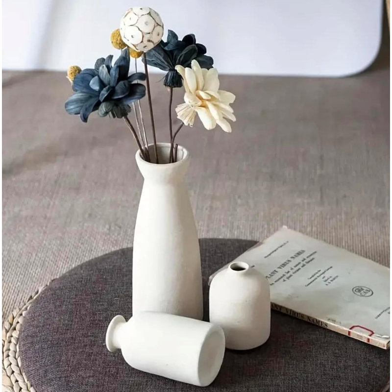 Ceramic Flower Vase Set Of 3 For Home Decor, Stain Resistant, Living Room, Dining Room, Bedroom, Kitchen, Bathroom (White)