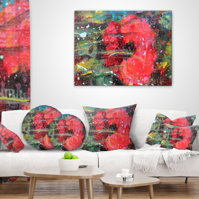 Dessin d'un coquelicot rouge - coussin imprimé floral, 18 po x 18 po, Coussin décoratif