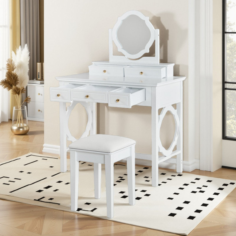 Compact Makeup Vanity Set with Reversible Mirror & Stool - 5-Drawer Dressing Table, Space-Saving Beauty Station for Small Spaces