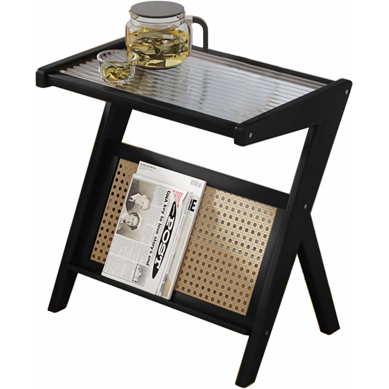 Table de chevet moderne en bambou avec grille en rotin, Noir