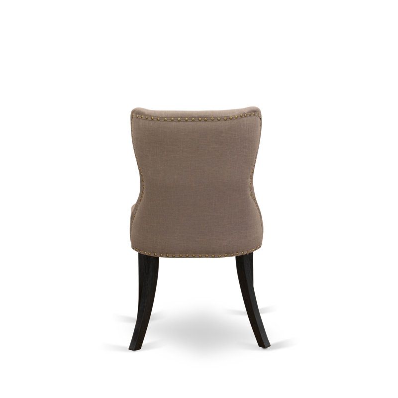 Sion Parson Dining Room Chairs - Button Tufted Nailhead Trim Coffee Linen Fabric Padded Chairs, Set of 2, Wire brushed Black