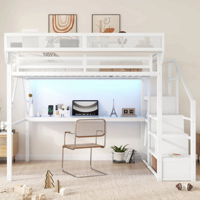 Grand lit mezzanine avec bureau et station de charge, grand lit mezzanine en métal avec escalier et lumière pour enfants adolescents