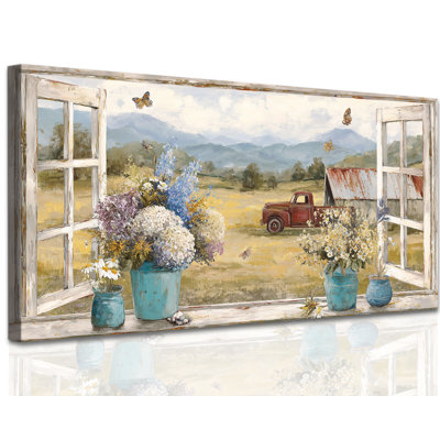 GUTTATY Farmhouse Rustic Landscape Wall Art, Country Window Flower Prints Pictures, Canvas Floral Artwork Decor, Charming Scenic Painting for Bedroom Bathroom Living Room, 30x60 inches