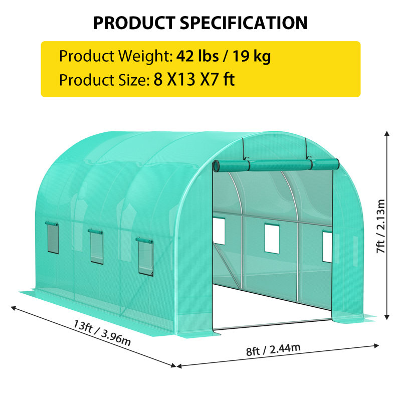 8x13x7FT Walk-in Greenhouse, Galvanized Steel Frame (19x0.6 Pipes) with 6 Mesh Windows & Full Zipper Door, Portable Tunnel Tent for Outdoor Use, Windproof Bottom Widening Design