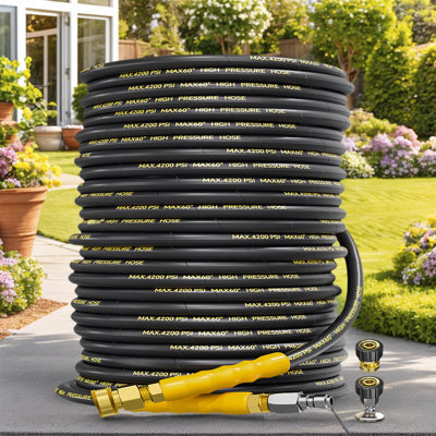 4200PSI Pressure Washer Hose 200FT, 1/4" Kink Resistant Steel Wire Braided Power Washer Extension Hose with 3/8" Swivel Quick Connect & 2 Pcs M22 14mm Adapters, Compatible with Cold & Hot Water for Residential & Commercial Cleaning