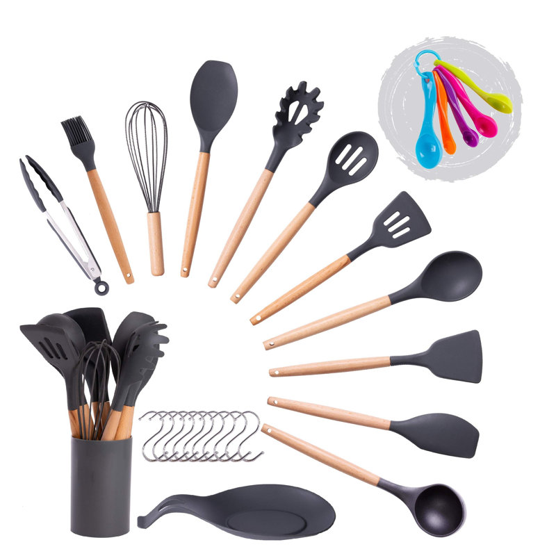Cooking Utensils Set, Kitchen Utensils Set, Including Measuring Spoon Set, Placing Mat, Night Grey