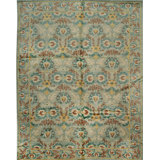 Green Handwoven Wool Faded Floral Medallions Geometric Modern Contemporary Carpet Rug