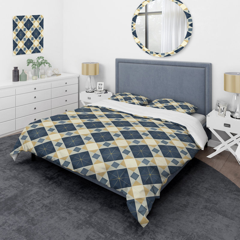 Navy Blue Gingham Print II - Modern Duvet Cover Set, King Duvet Cover + 2 King Shams