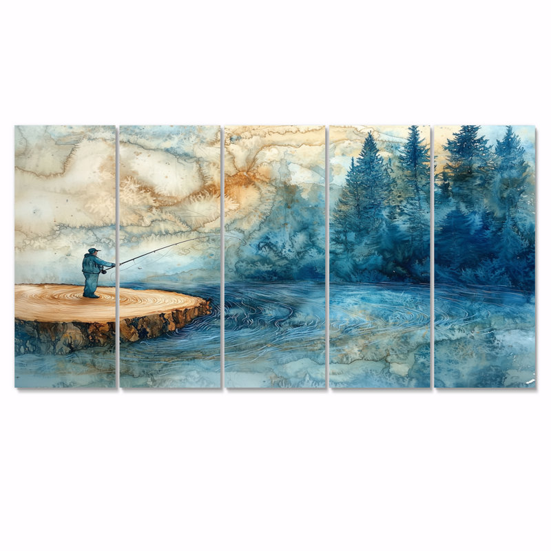 Glissade sur bois, pêche dans la rivière Winter - Art mural de chasse et pêche - Art mural moderne, H 32 po x l 80 po, 5